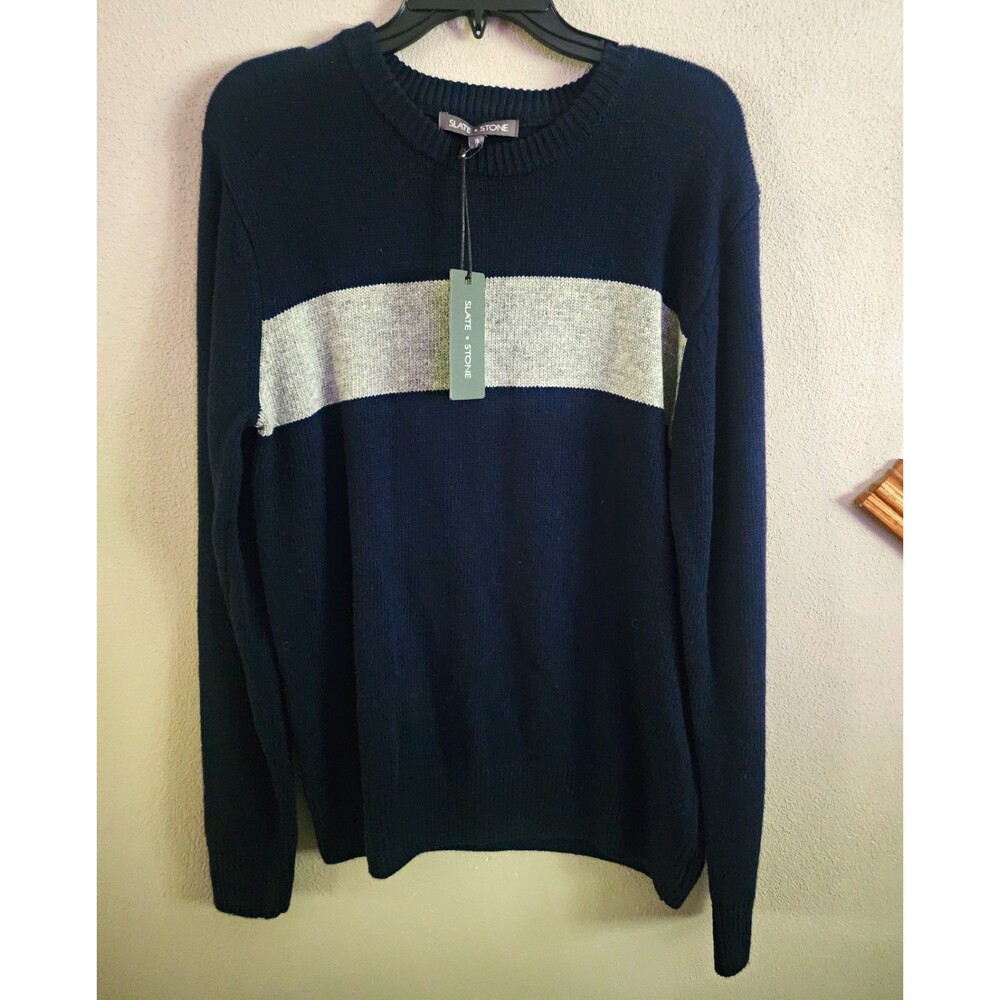 Slate & Stone Mens XL Striped Knit Crewneck Pullover Wool Blend Sweater Navy NWT